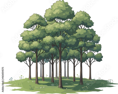Small cluster of trees, layered green foliage, tree trunks, grassy ground, natural forest patch, sunlight and shadows, outdoor landscape