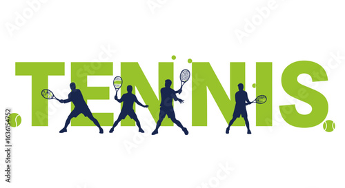 A vibrant vector illustration showcasing silhouettes of tennis players integrated into the word "TENNIS", with a tennis ball accent, perfect for sports-related designs.
