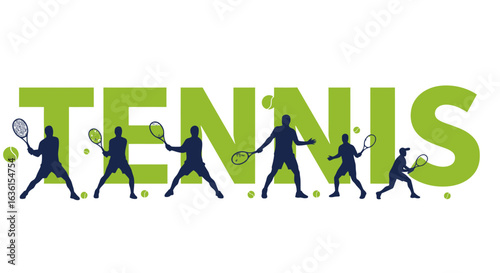 Dynamic vector graphic featuring tennis players in silhouette, set against a bold 'tennis' text backdrop, perfect for sports-themed designs and promotional materials.
