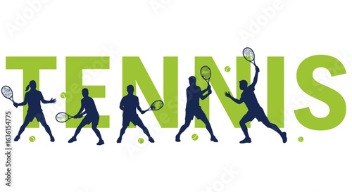 Dynamic tennis players in silhouette form the word TENNIS with a tennis ball, representing the sport's energy and athleticism.