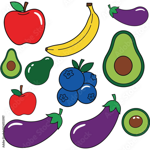 Red apples yellow banana purple eggplants green avocados blue blueberries blueberry