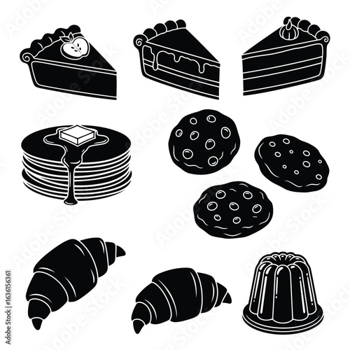 Food collection with different kinds of cake, bread, and desserts in a cartoon style