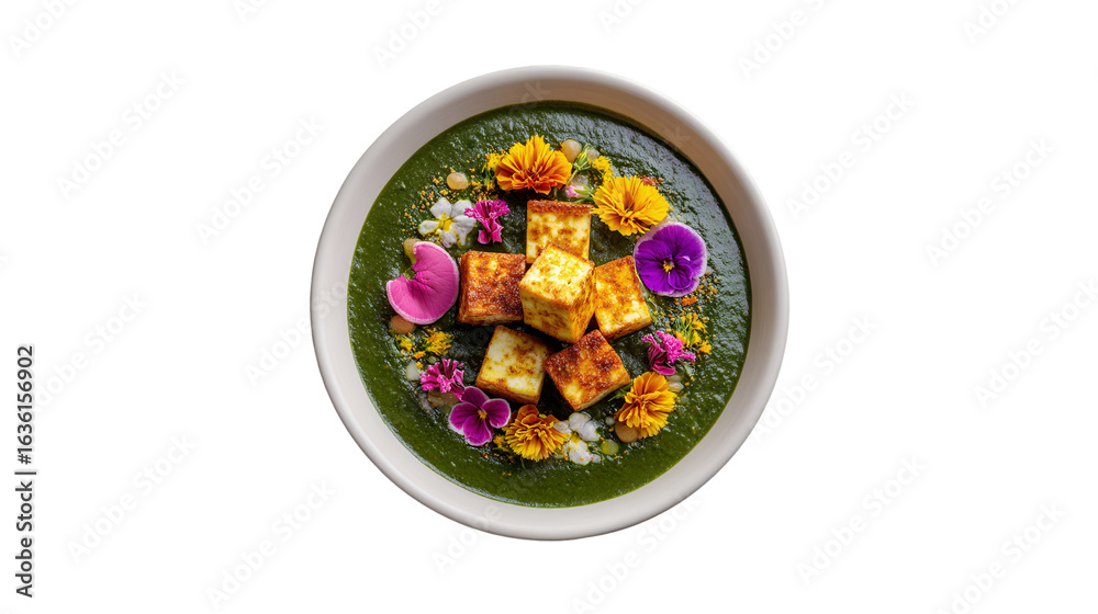Fototapeta premium Delicious Palak Paneer with Edible Flowers Indian Food