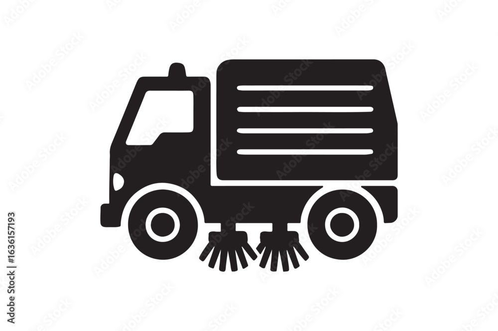 Road sweeper truck silhouette vector art illustration on white background Road sweeper truck silhouette vector art illustration on white background