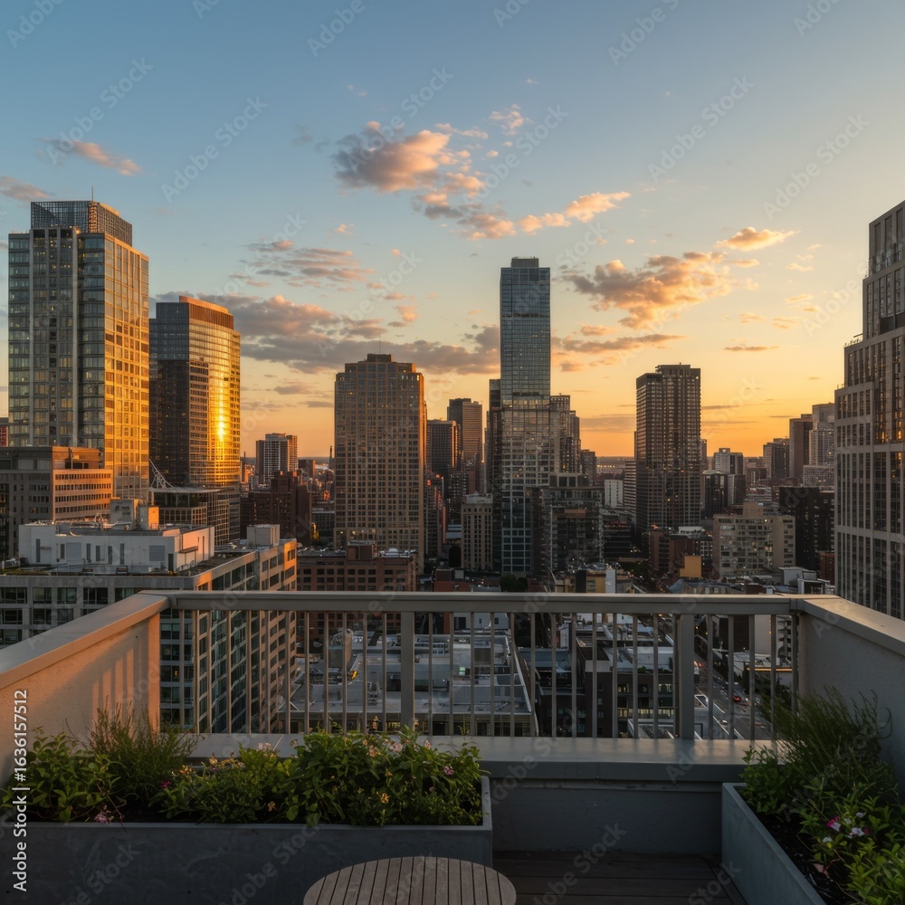 Obraz premium Rooftop City Sunset View: Golden Hour Skyline and Skyscrapers