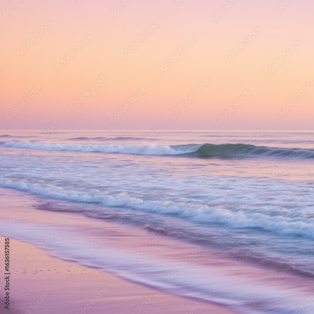 Fototapeta premium Pink Sunset Over Ocean Waves on Sandy Beach