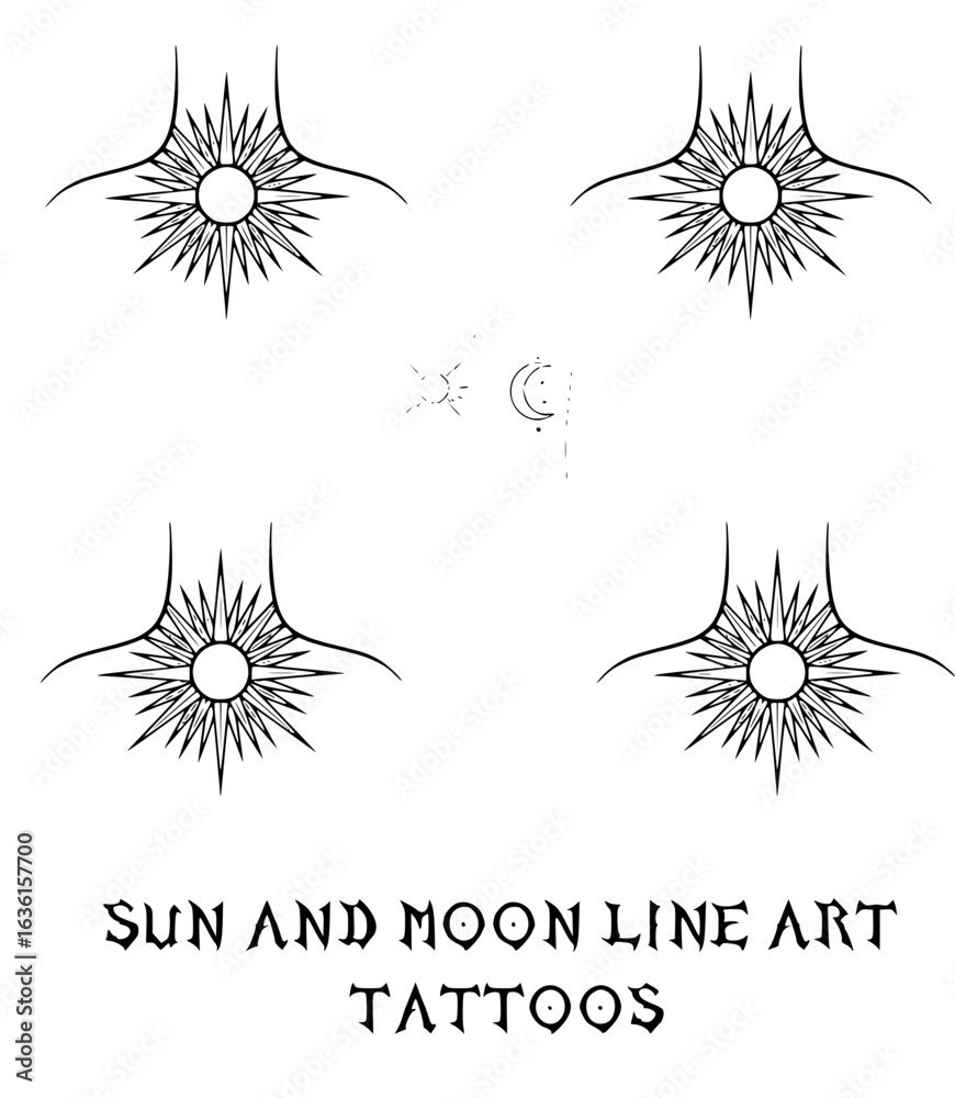 Obraz premium Black and White Celestial Tattoo Duo – Sun and Moon Fine Line Minimalist Designs