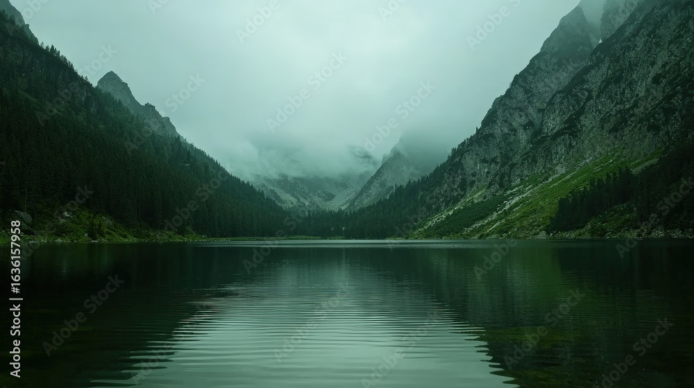 Fototapeta premium Misty mountains reflected in a still lake.