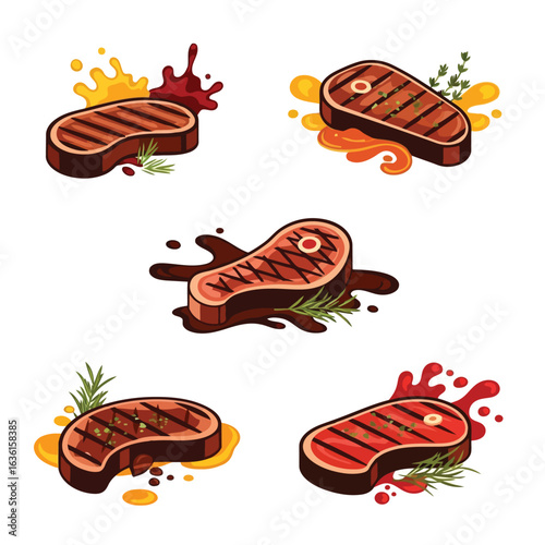Grilled steaks with sauces and herbs barbecue meat