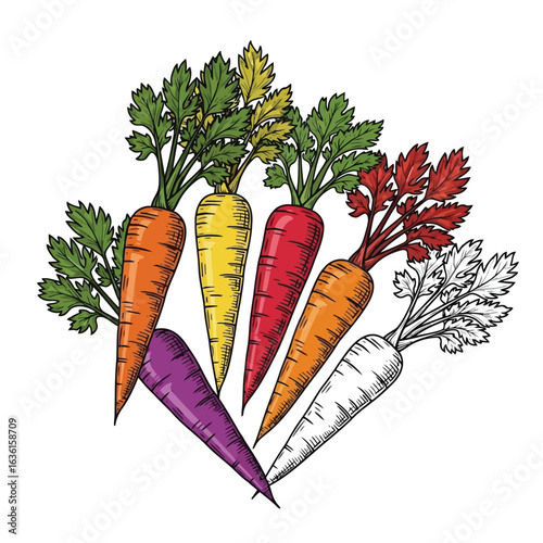 Colorful carrots with green leaves purple orange