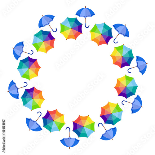 Autumn round frame with blue and rainbow umbrellas, perfect for seasonal designs.