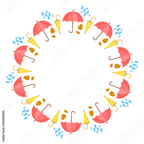 Autumn round frame with red and yellow rain umbrellas with water drops, perfect for seasonal designs.