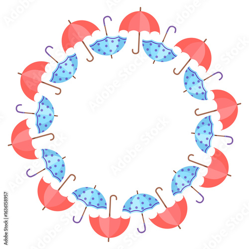 Autumn round frame with blue and red umbrellas, perfect for seasonal designs.