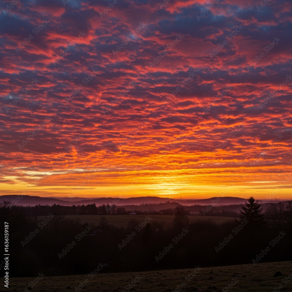 Fototapeta premium Vibrant Red And Orange Sunrise Over Rural Landscape