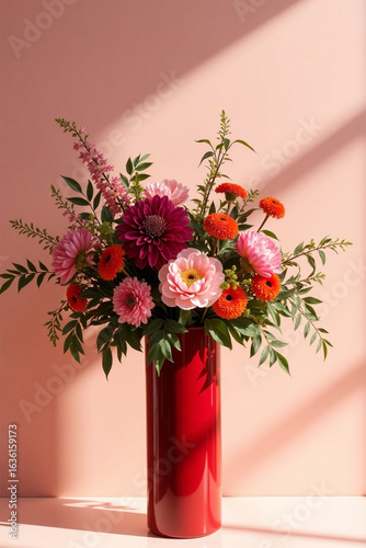 Elegant Red Vase with Colorful Flowers on Soft Pink Surface 