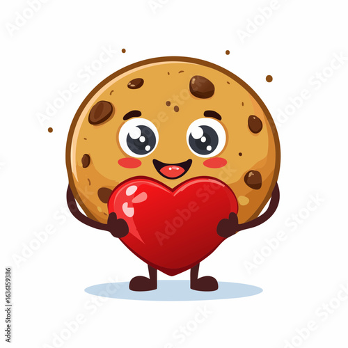 Cartoon Cookie love and Care: A cute, cartoon-style cookie character beams with joy, holding a vibrant red heart, embodying sweetness and affection.