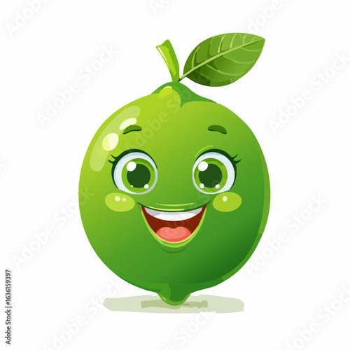 Cartoon Lime Character's Cheerful Expression: A charming illustration of a lime, animated with a friendly smile and sparkling eyes, radiating positivity and embodying the essence of refreshment.