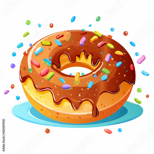 Delicious Donut Delight: A mouthwatering illustration of a vibrant donut on a plate, showcasing its glossy chocolate glaze and colorful sprinkles, tempting viewers with its sweet allure.