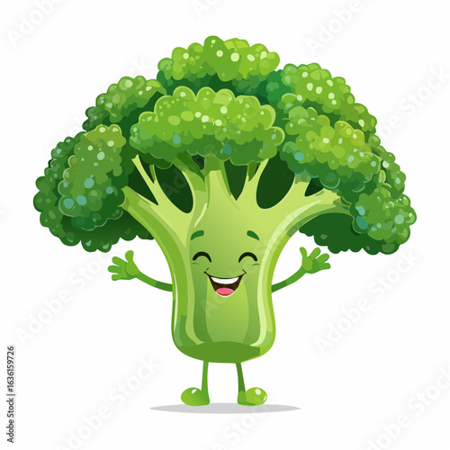 Cartoon Joyful Broccoli: A cheerful and friendly broccoli character, full of happiness and health, extends a welcoming gesture with its arms, radiating freshness.