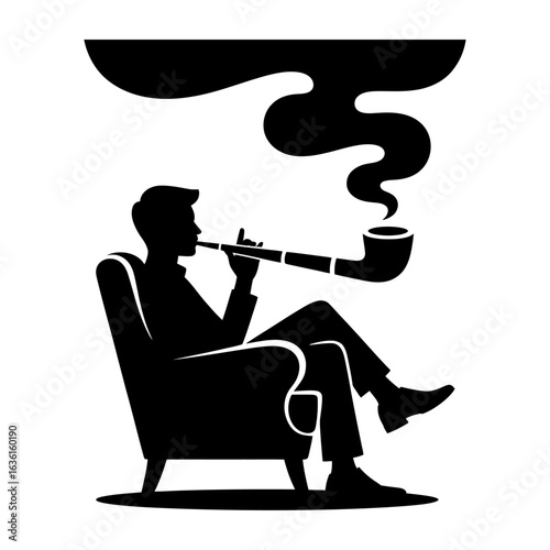 silhouette of a person sitting casually and smoking a pipe with swirling smoke