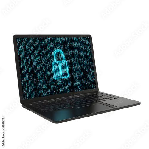 Laptop with padlock graphic on digital code screen