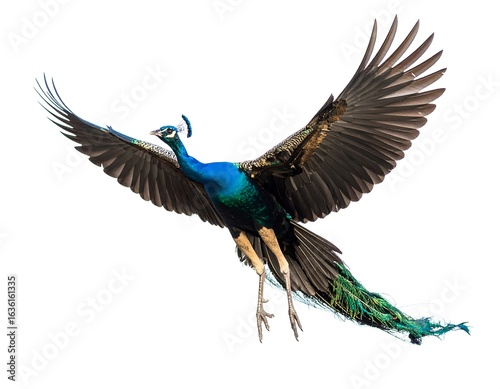 Peacock in flight against white