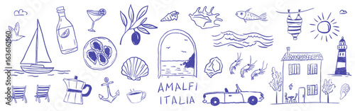 Playful Italian summer coastline collection, featuring lemon, oyster, lighthouse, limoncello, boat and handwritten accents with vacation mood. Relaxed crayon sketch vector illustration.