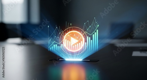 Illustration of a holographic projection displays a play button surrounded by financial growth charts