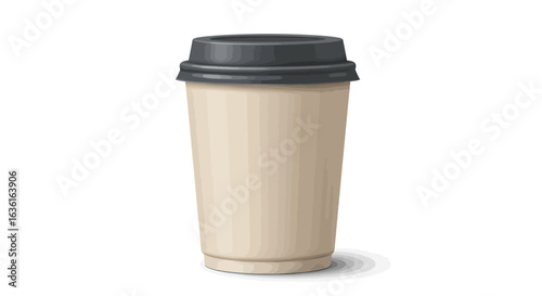 A light brown disposable coffee cup with a dark gray lid is casting a small shadow on a white surface