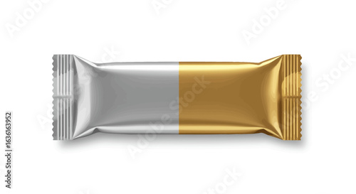 Silver and gold halfandhalf candy bar wrapper with crimped ends and a faint shadow