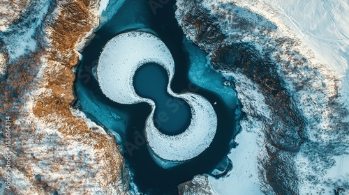 Aerial view of a unique frozen lake formation.