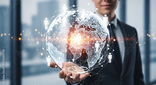 Illustration of businessman holding a digital globe with people icons, illustrating global connectivity