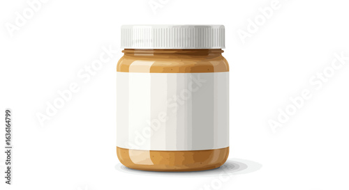 A jar of peanut butter with a white lid and blank label casting a shadow