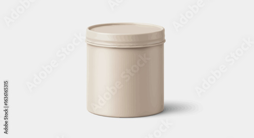 A beige cylindrical can with a lid standing on a white surface with a faint shadow