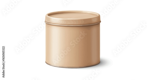 Beige metal tin can with lid cylindrical and a subtle shadow