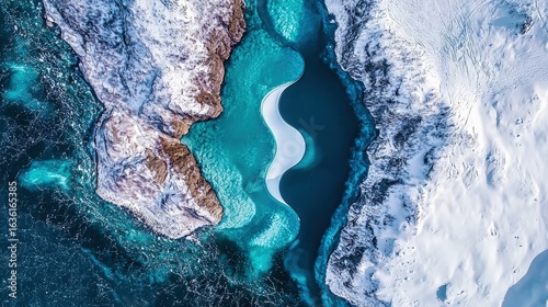 A high-angle view of a glacial fjord.