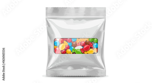 Shiny silver bag with a transparent window filled with colorful hard candies