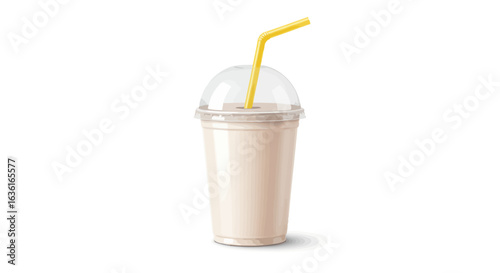 A single beige milkshake in a plastic cup with a yellow straw casting a slight shadow on a white background