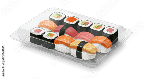 Sushi assortment various maki and nigiri pieces inside a clear plastic takeout container casting soft shadow