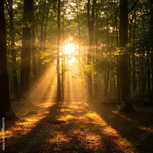 Sunlit Forest Path at Sunrise