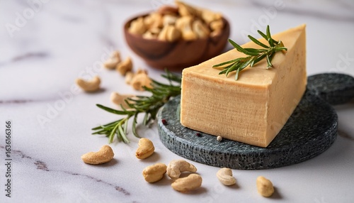 wedge of vegan cashew cheese with rosemary and spices on marble surface