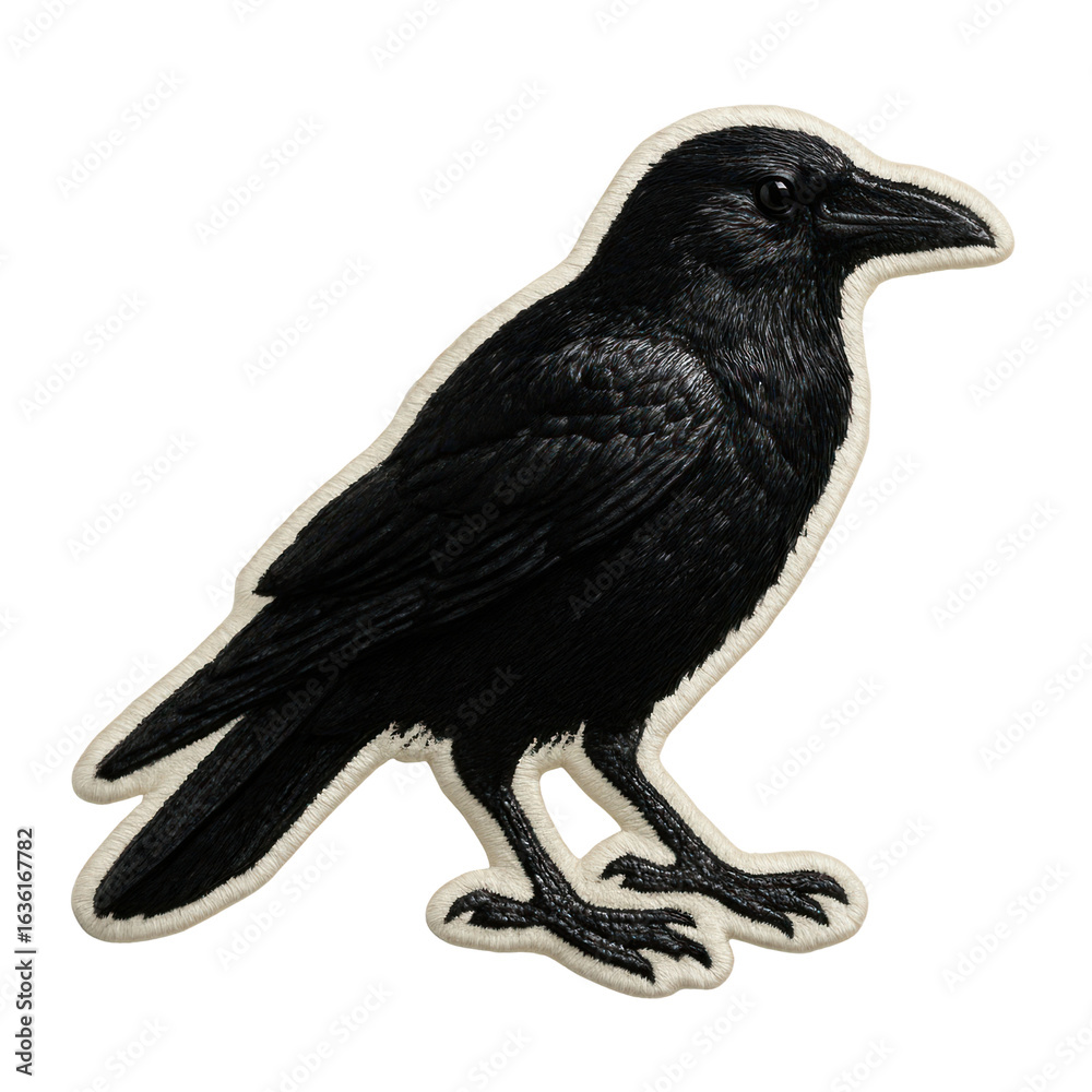 Fototapeta premium Detailed Embroidered Patch Of A Black Crow With White Trim Embroidery Sticker isolated on transparent background. PNG die-cut for advertising