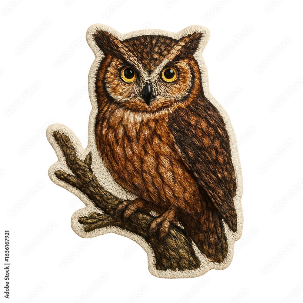 Naklejka premium Detailed illustration of a brown owl with large yellow eyes perched on a textured branch embroidery sticker isolated on transparent background. PNG die-cut for advertising