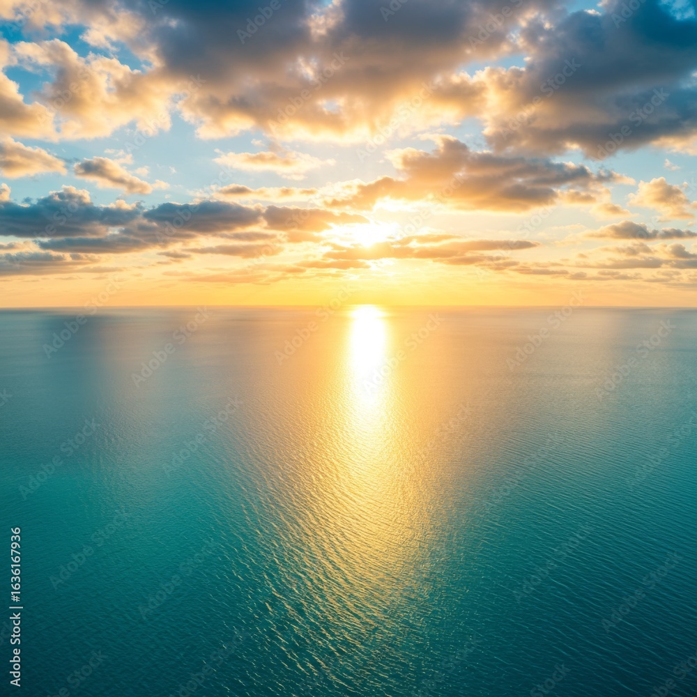 Obraz premium Serene Ocean Sunset With Golden Rays Reflecting on Teal Water