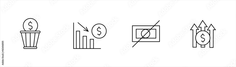 Φωτογραφία Money icons set with waste bin, financial decline, no cash, and growth arrows in minimal line style for economy, banking, and investment concepts