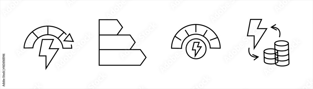 Φωτογραφία Energy icons with performance meter, efficiency chart, electricity gauge, and power-to-money exchange in minimal line style for energy management design