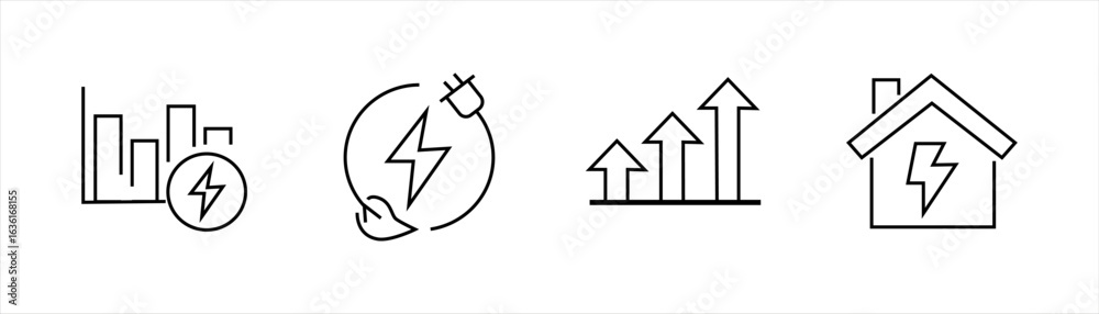Φωτογραφία Energy icons with bar chart, electric plug circle, growth arrows, and house with lightning symbol in minimal line style for power management design