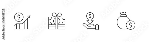 Money icons set with growth chart, gift box, receiving money, and money bag in minimal line style for finance, banking, income, and investment themes.