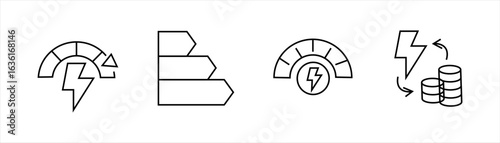 Energy icons with performance meter, efficiency chart, electricity gauge, and power-to-money exchange in minimal line style for energy management design.