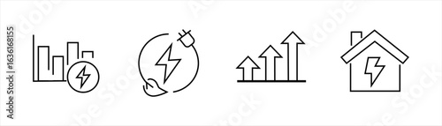 Energy icons with bar chart, electric plug circle, growth arrows, and house with lightning symbol in minimal line style for power management design.